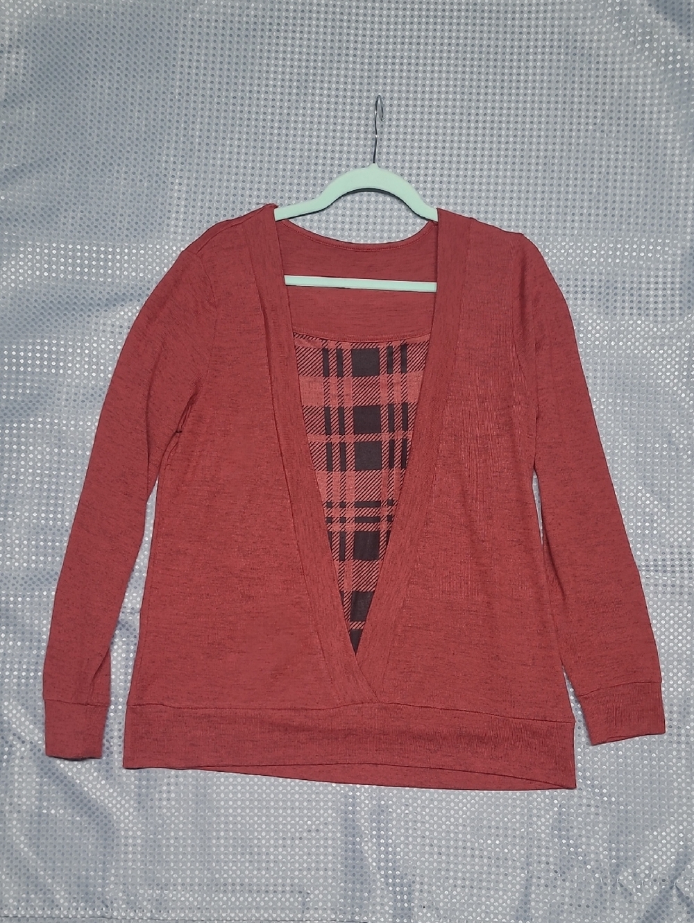 Women’s Deep V Layered Plaid Red Sweater